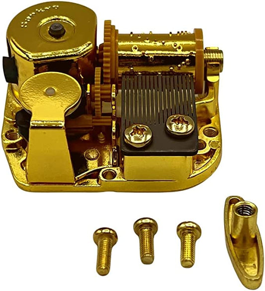 Custom Melody Music Box - Golden 18-Note Mechanism with Polished Finish, Displaying Intricate Gears & Pins on White Background. Includes Extra Component & Screws. Perfect for Personalized Gifts.