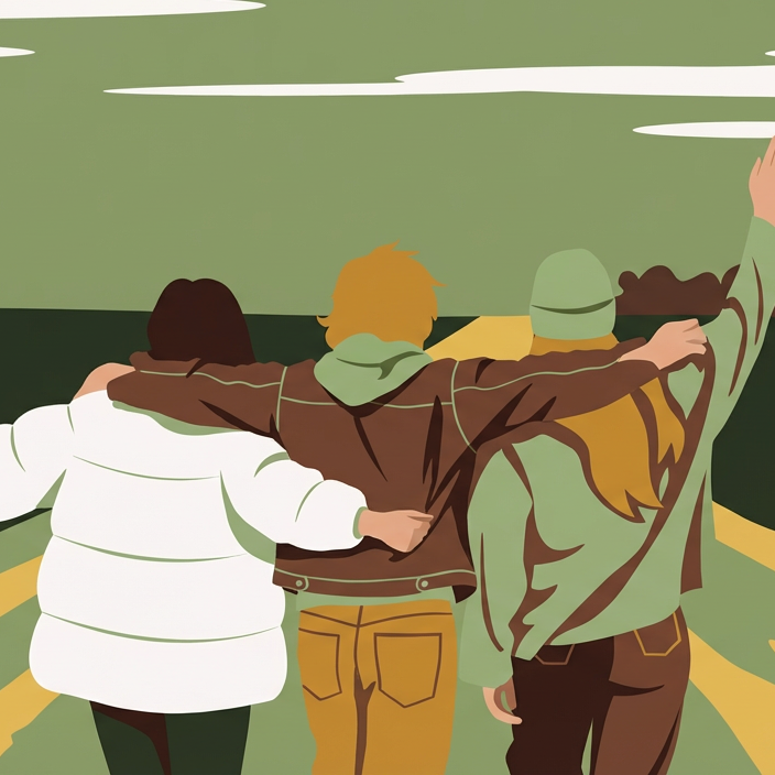 Illustration of three people walking together on a road with a green landscape.